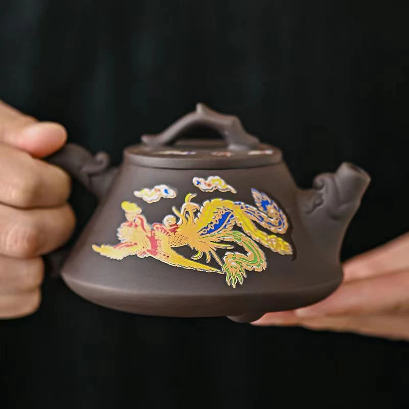 原矿紫砂紫泥龙凤壶 龙把石瓢 茶具茶器