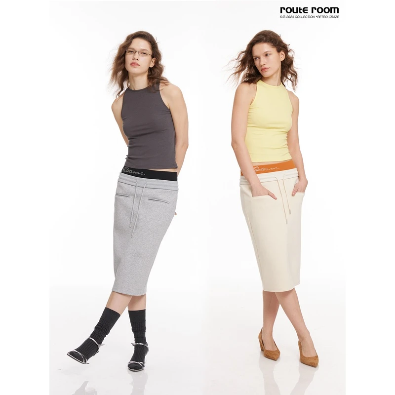 routeroom双腰头烫钻Logo中低腰前插口袋包臀修身弹力抽绳半裙