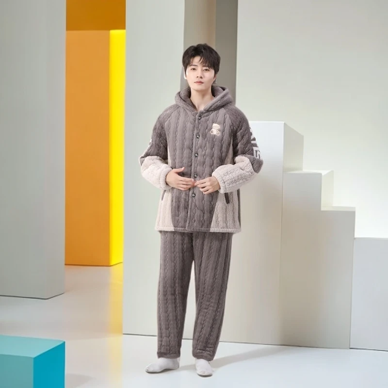 冬季加绒休闲家居服男士冬天新款睡衣保暖加厚