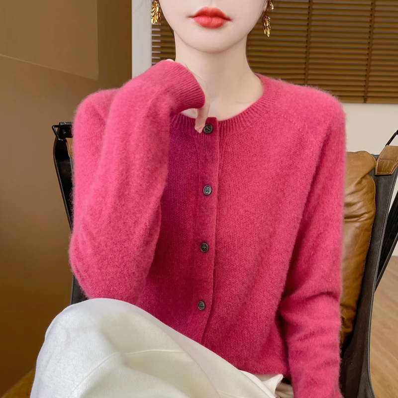 一线成衣~100%纯羊毛桂花针圆领开衫秋冬新款宽松