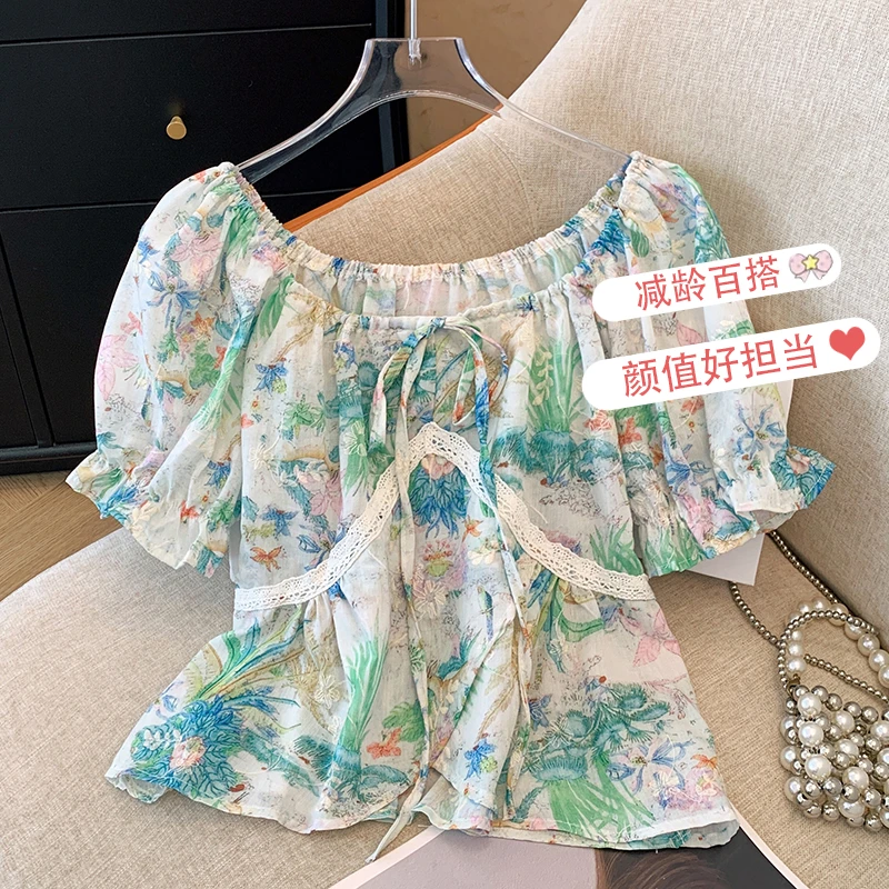 甜美田园风花朵减龄系带碎花衬衫女夏新款宽松短袖小衫上衣