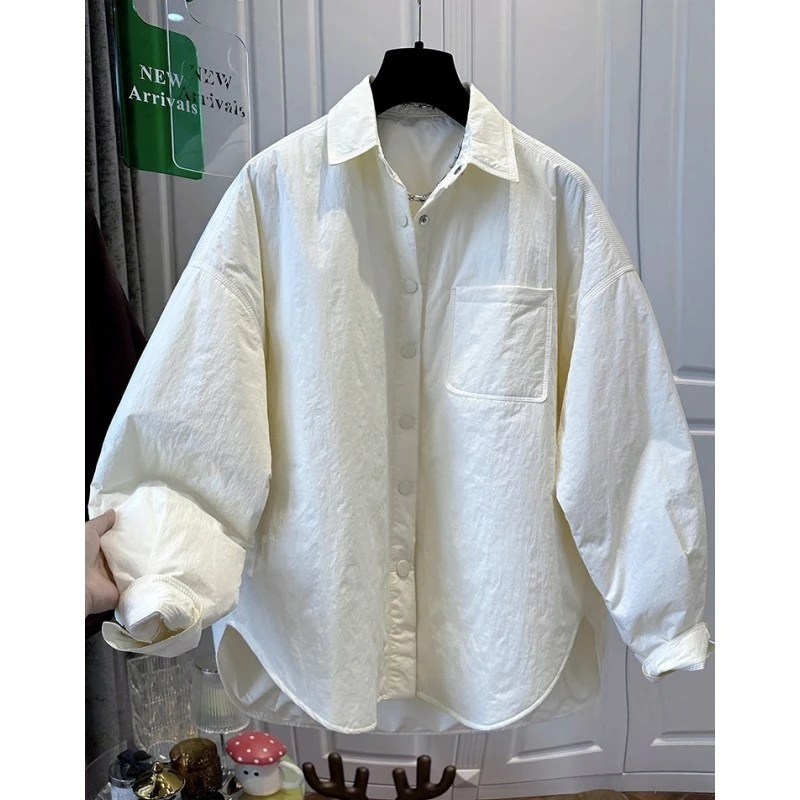 简约风纯色翻领夹棉轻薄宽松中长款棉服女棉衣外套百搭2024秋冬新