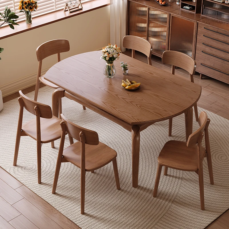 白蜡木伸缩餐桌家用小户型方圆两用折叠饭桌胡桃色中古风实木餐桌