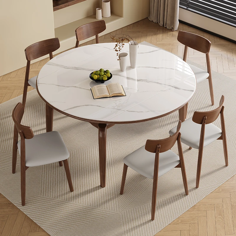 白蜡木大象腿岩板伸缩餐桌椅组合吃饭桌家用轻奢简约方园两用餐桌