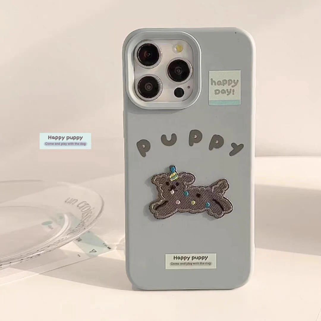 原创ins风波点刺绣小狗15手机壳16Pro Max适用14立体13全包12软壳