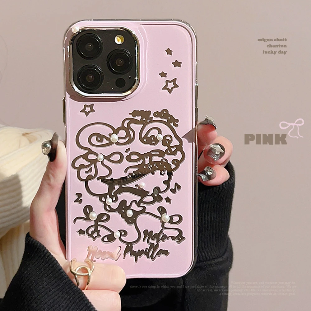 粉色珍珠蝴蝶结适用14苹果15手机壳iphone13promax镜面12芭蕾风11