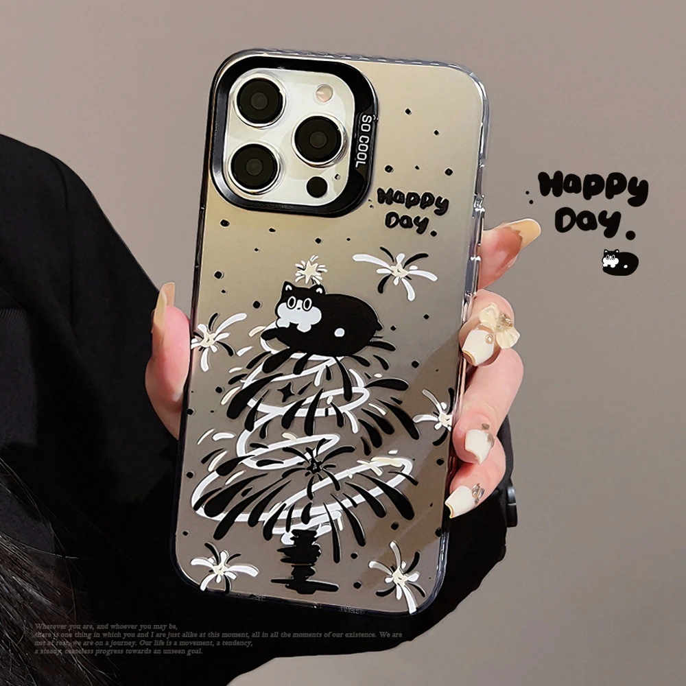 烟花圣诞树小猫适用苹果15手机壳iPhone14Promax甜酷12硬11镭射13