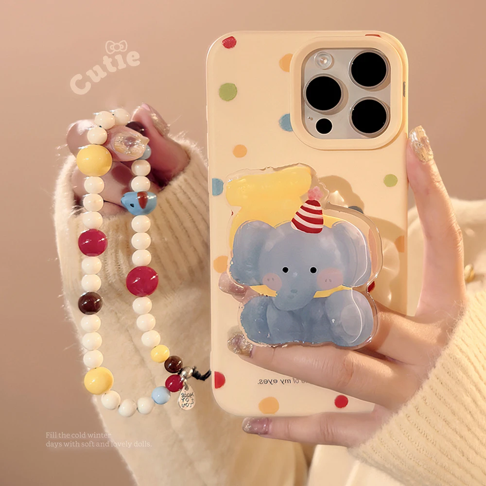 ins风波点卡通小象支架iphone17手机壳苹果16适用14pro max挂链13
