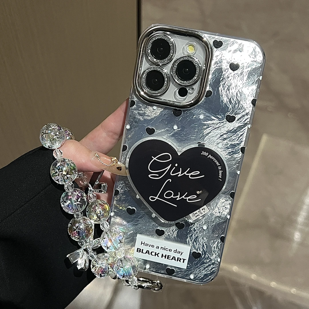 镜头膜波点黑爱心苹果15手机壳适用16promax高级14简约13硬12支架