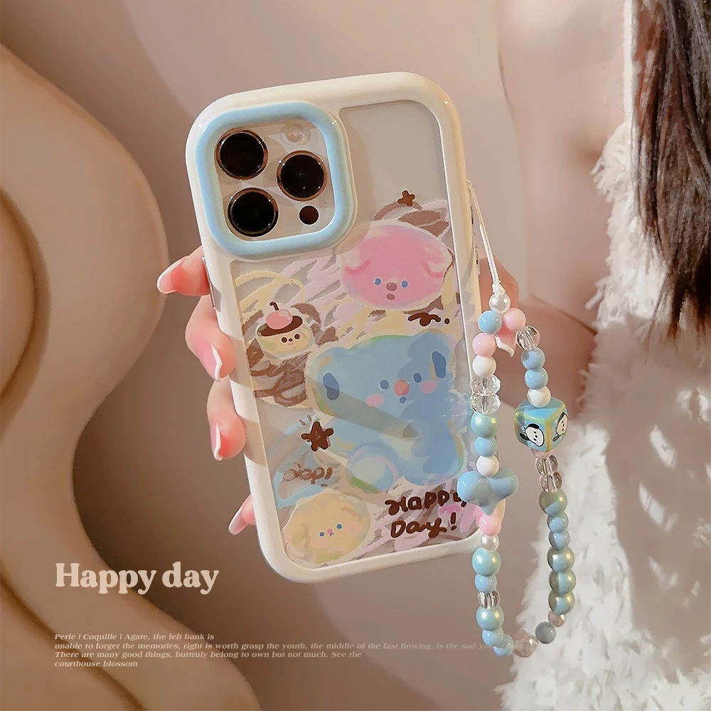 适用14ProMax手机壳苹果13涂鸦粉蓝小狗手链iPhone11可爱12原创硬