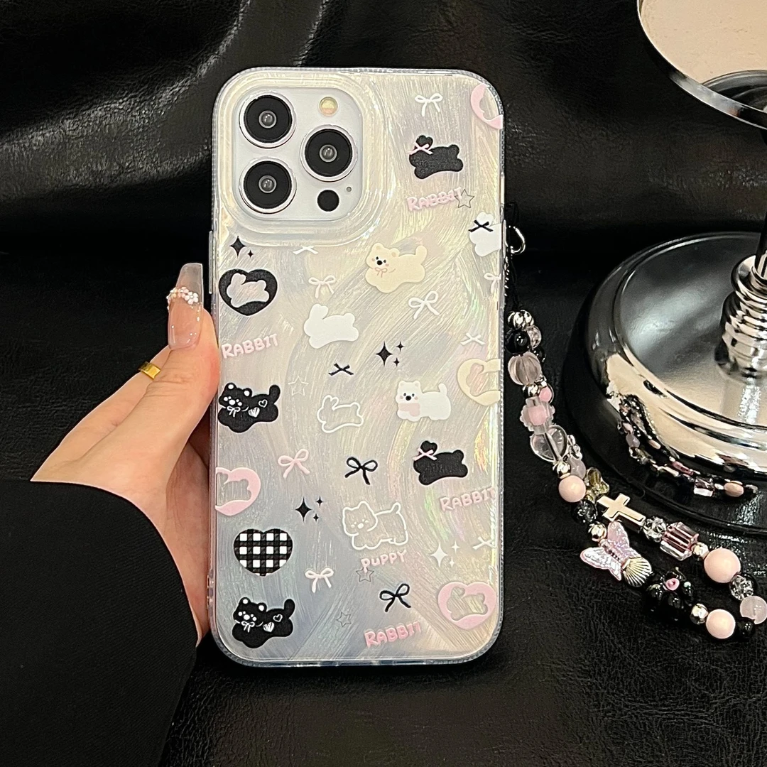 双层羽纱兔兔狗手机壳适用14苹果15promax网红IMD iphone13防摔12