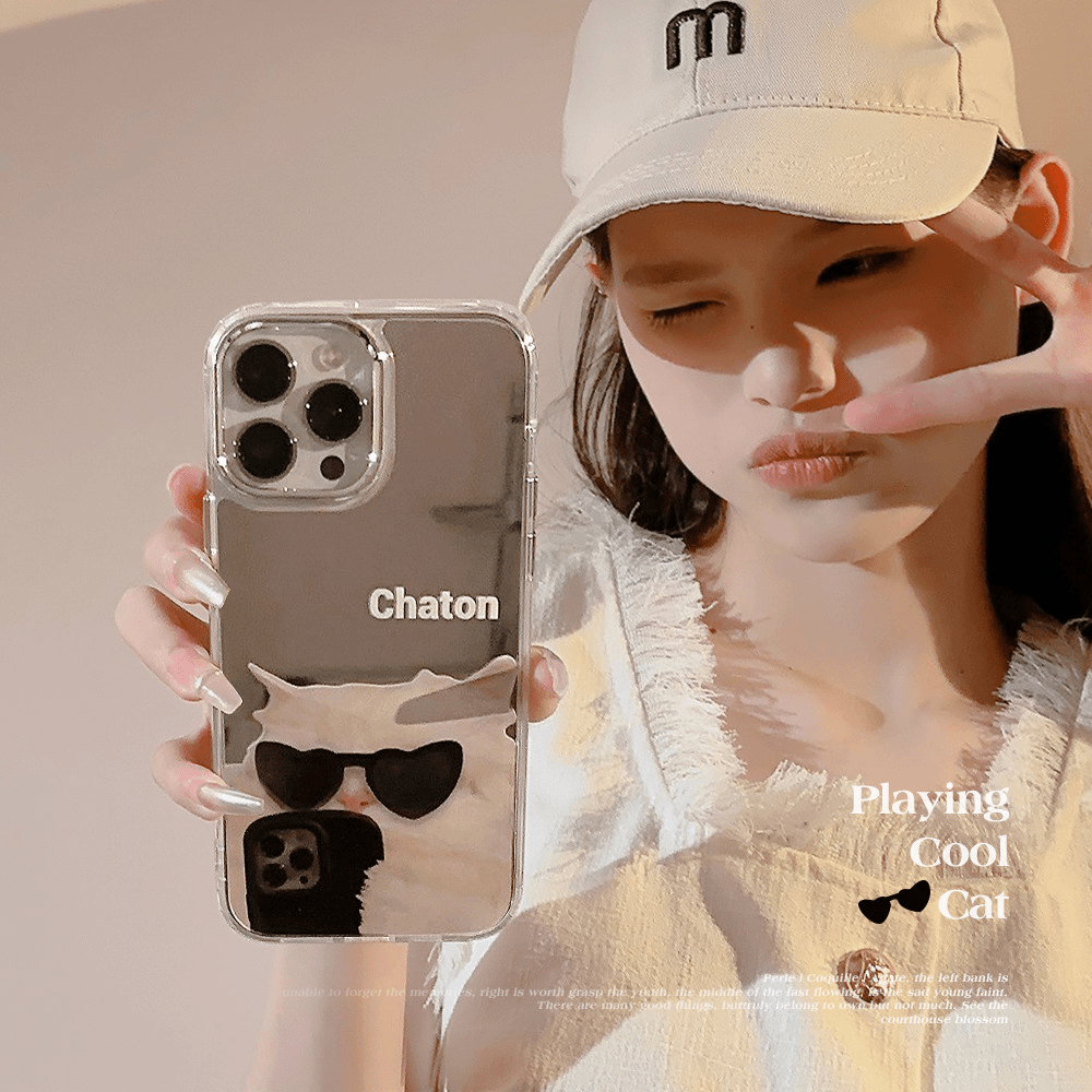 墨镜酷猫iPhone14适用13promax苹果手机壳11小众搞怪12镜面13简约