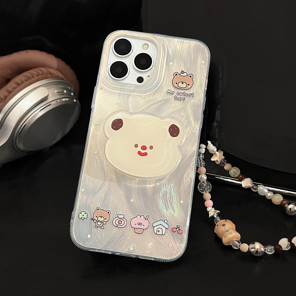 双层羽纱支架小熊头适用苹果15promax手机壳iphone14挂绳13防摔12