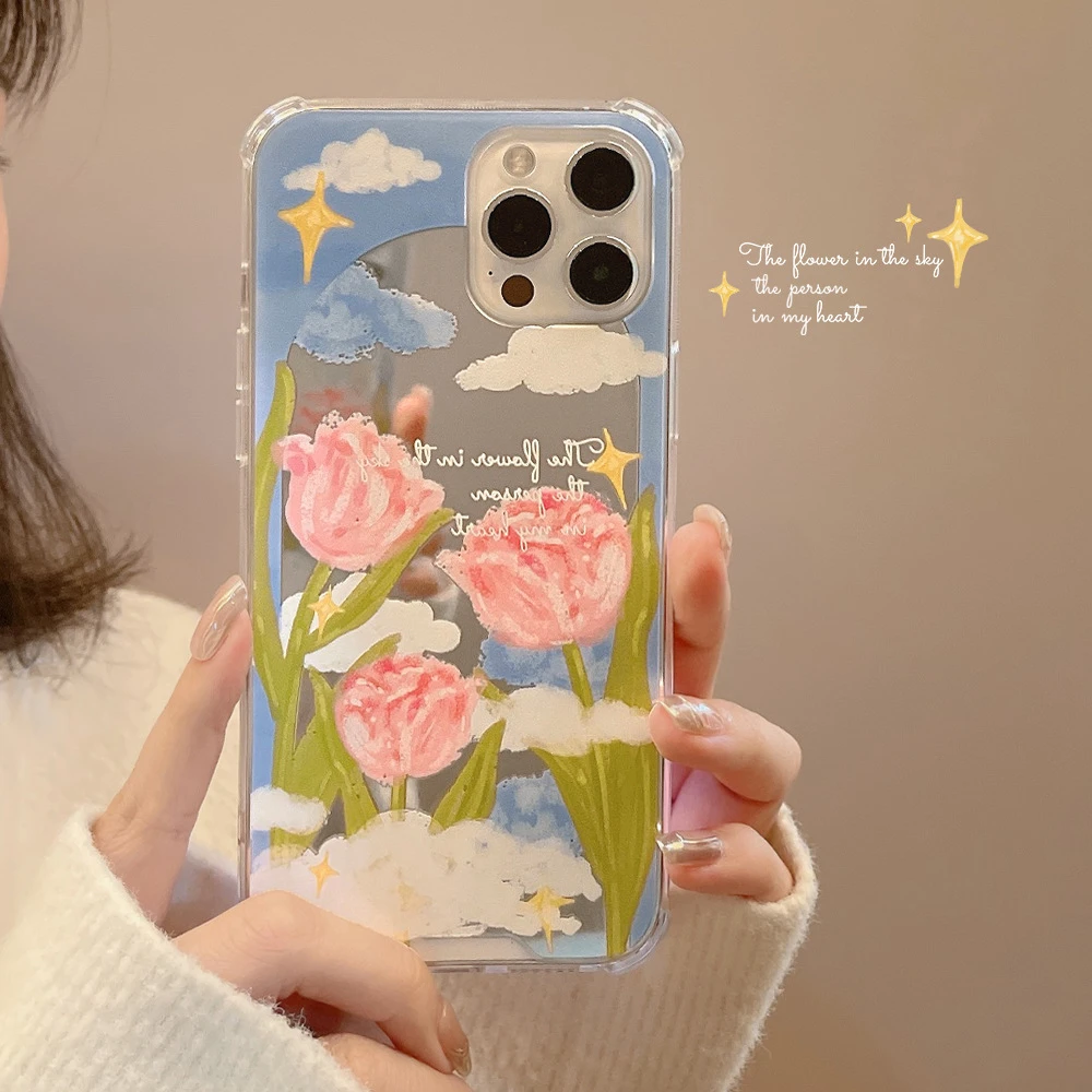 ins文艺郁金香iphone13苹果12手机壳14Promax硅胶11补妆镜面X适用