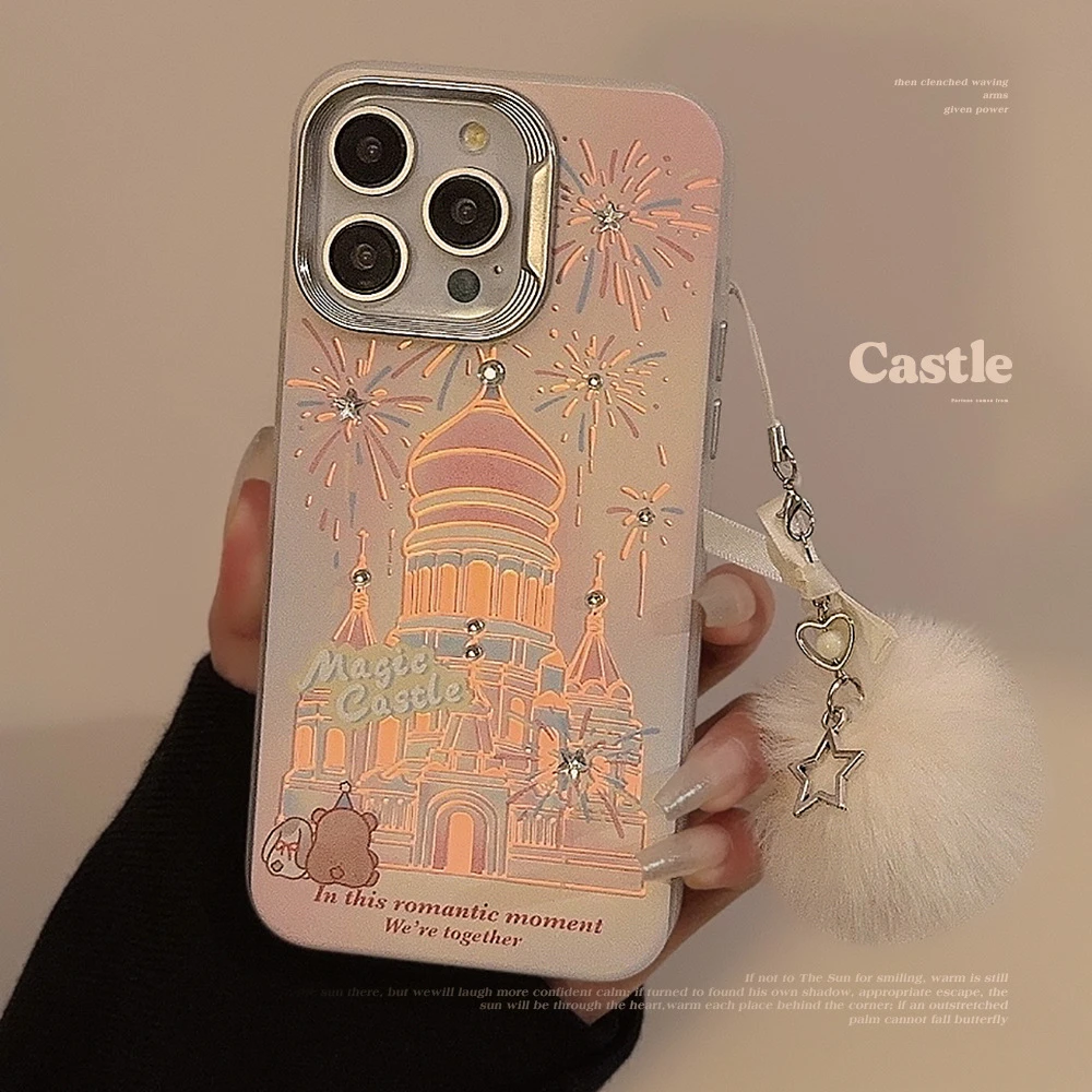 少女星钻卡通烟花城堡适用iphone15手机壳13苹果14Promax毛球绳12