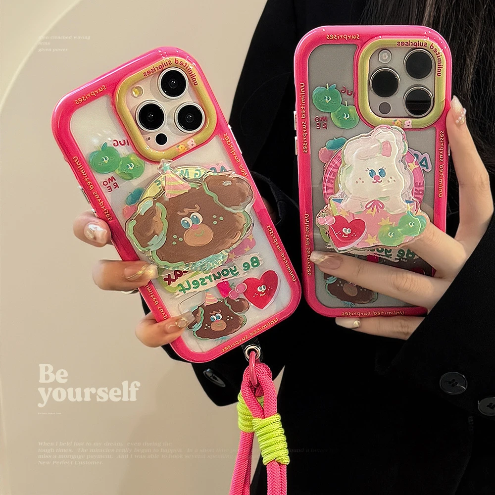 磁吸支架适用苹果14ProMax油画可爱兔熊iPhone15手机壳13手绳硬壳