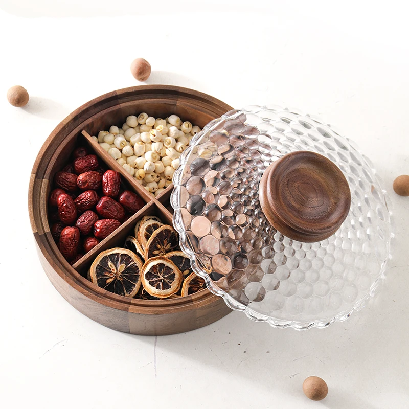 北美黑胡桃实木坚果盒家用高档分格带盖防尘创意两用干果盒水果盘