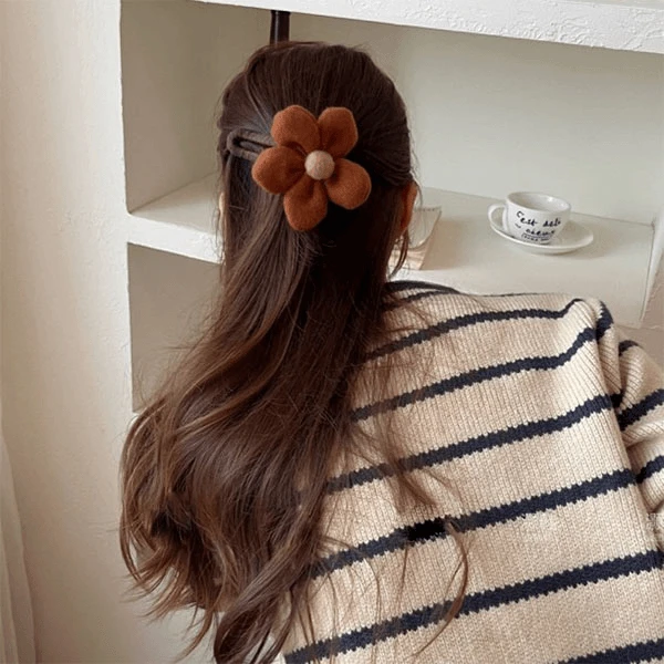 秋冬毛绒咖色系大号绕布甜美花朵鸭嘴夹横夹网红气质少女心毛绒绒