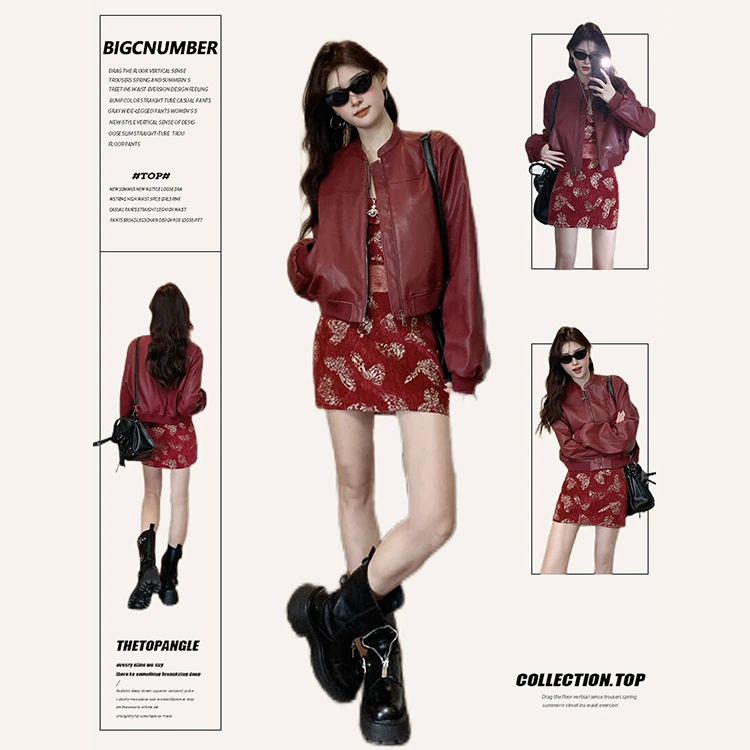 美式复古pu皮衣外套女春秋季红色高级感短款宽松显瘦机车夹克上衣