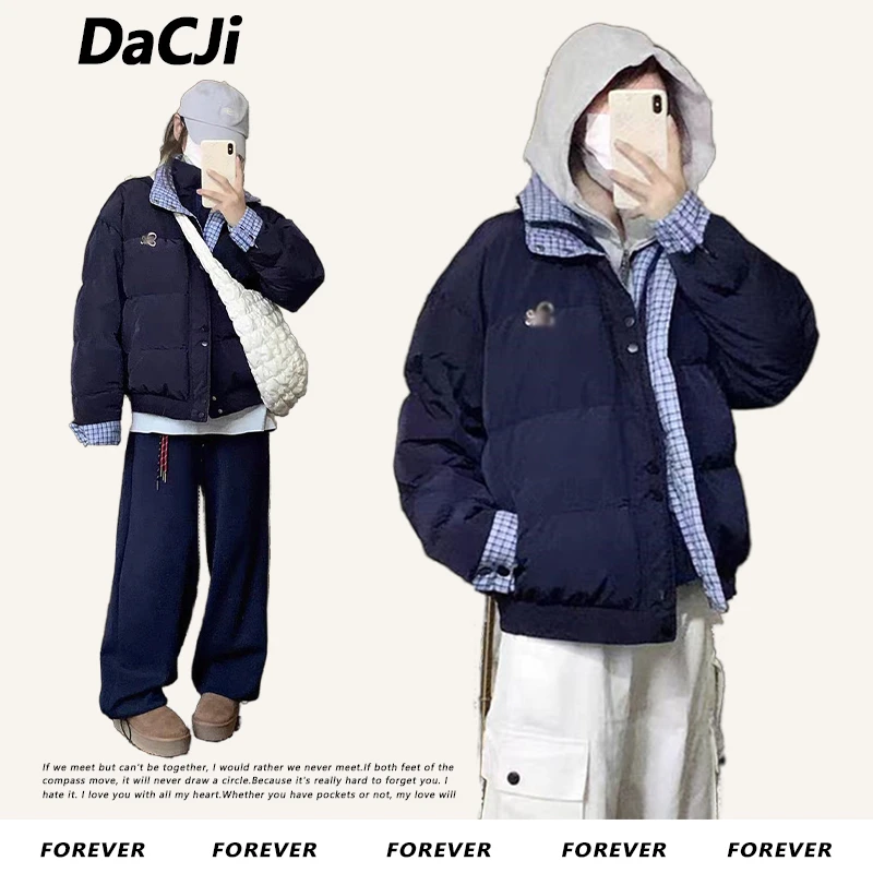 美式复古假俩件格子拼接棉服外套女冬季设计感宽松保暖面包服棉衣