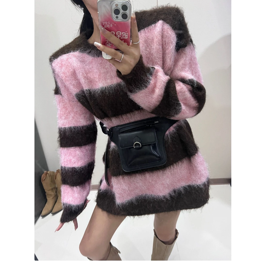 特【孤品】秋冬时尚百搭条纹撞色圆领套头毛衣气质宽松毛衣