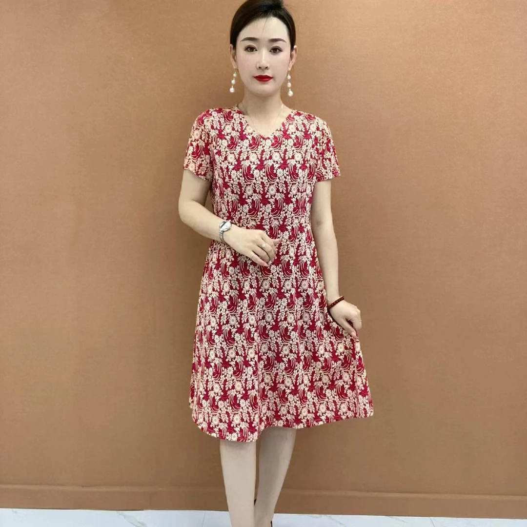 24年夏款 宽松休闲 气质洋气减龄妈妈装 短袖遮肚显瘦 V领连衣裙8