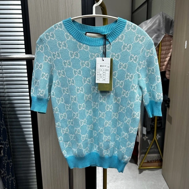全新未使用 GUCCI/古驰 蓝色满印gg 针织短袖/xs码