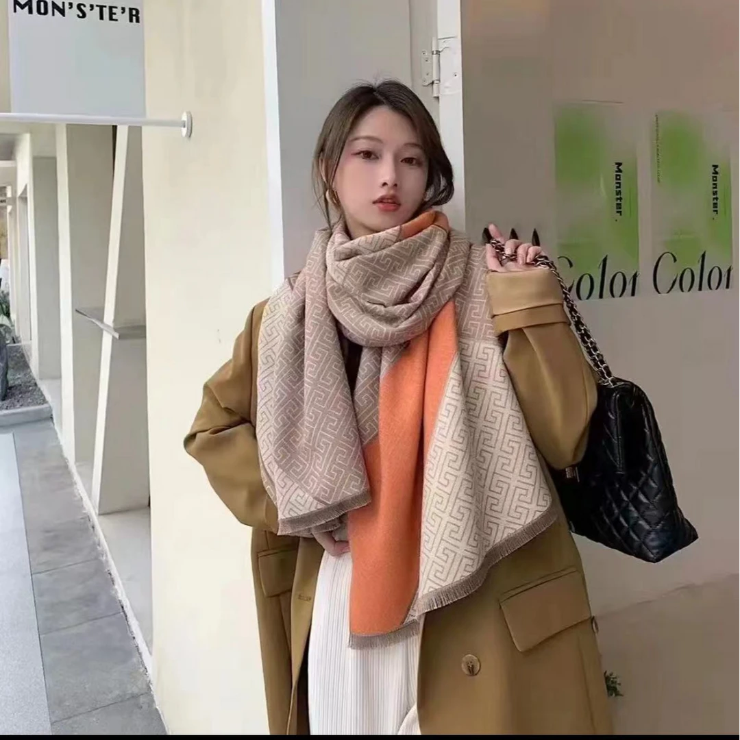 内蒙古厂家百搭时尚撞色羊绒保暖围巾披肩两用70✖190迷宫格子围脖