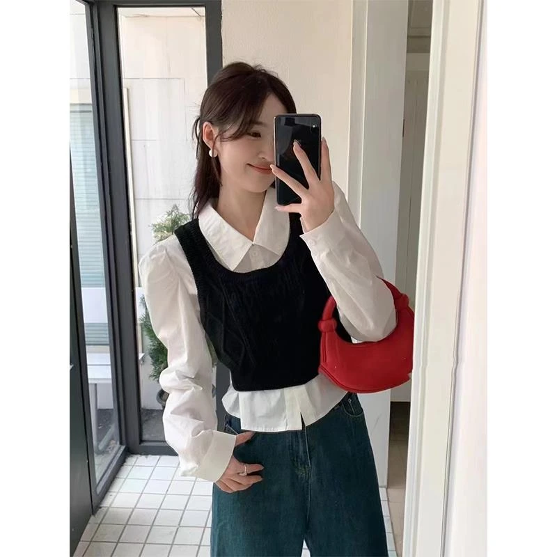 基础款纯色针织马甲背心女春秋无袖马夹坎肩外搭叠穿衬衫两件套装