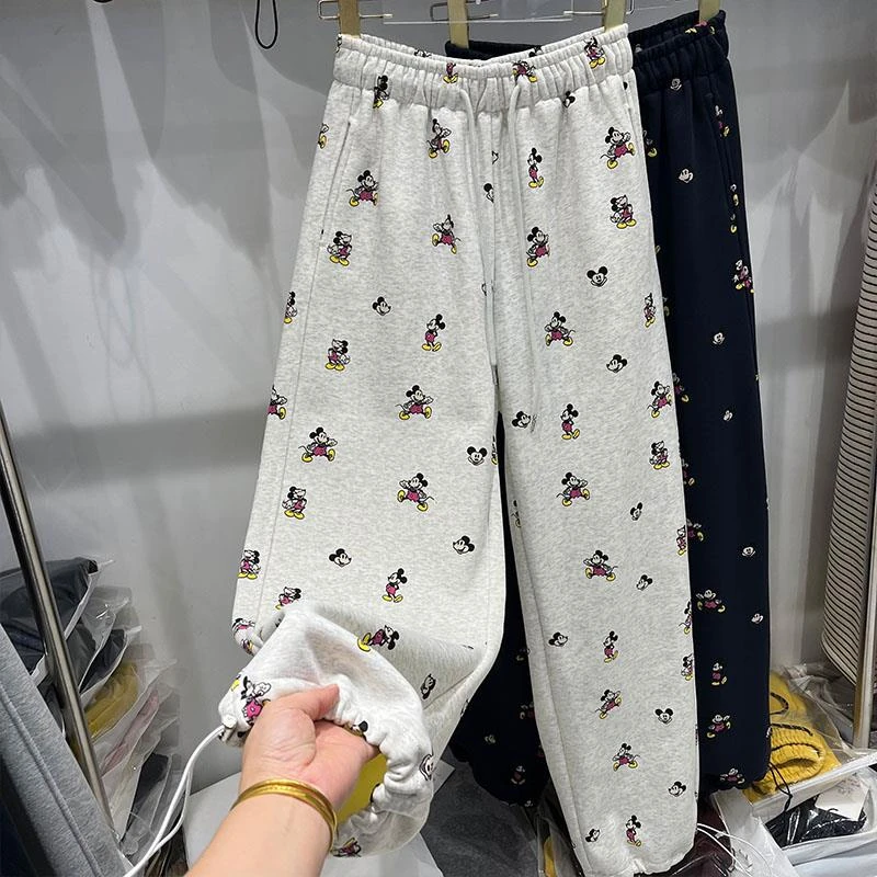 欧货2025冬季新款松紧腰加绒加厚卡通图案两穿卫裤百搭休闲裤女潮