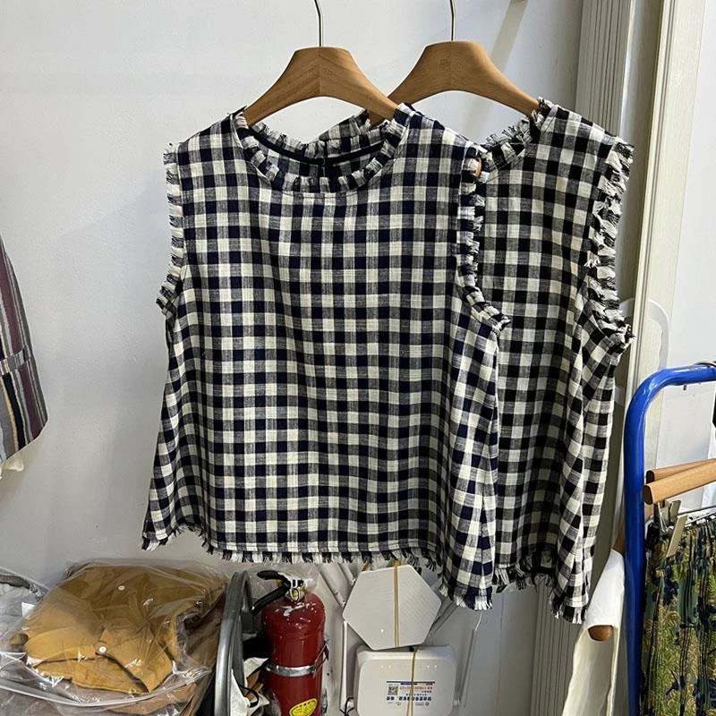 超仙洋气经典复古格子磨破无袖背心马甲女上衣时尚气质减龄小衫潮