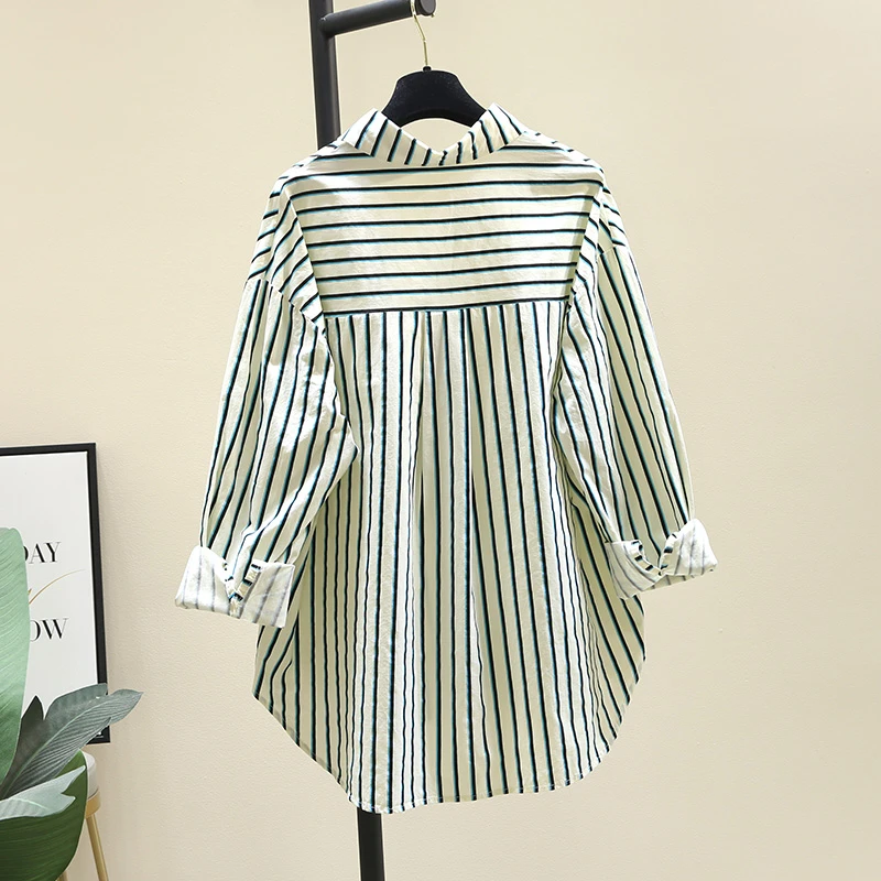 气质复古蓝色竖条纹衬衫女单口袋新款设计感长袖衬衣慵懒风上衣秋