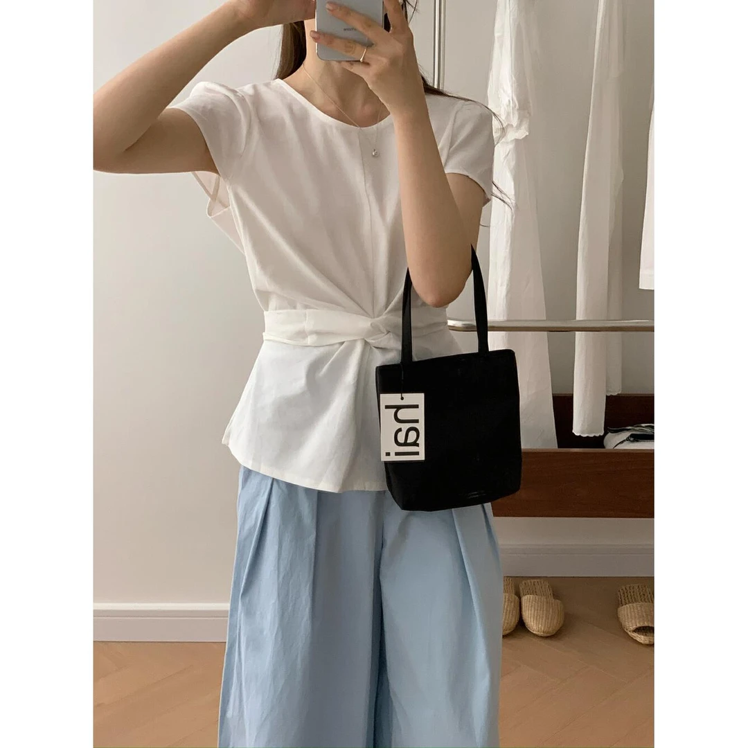 东大门法式气质交叉绑带设计感短袖上衣夏别致小众衬衫小衫