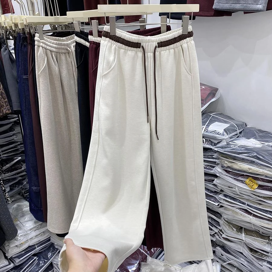 加绒加厚2025春季新款抽绳系带毛呢休闲裤女高腰显瘦垂感直筒长裤