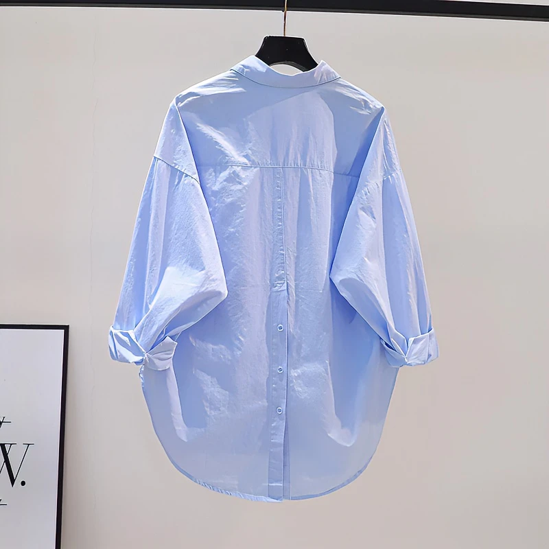 背后开叉棉小众女拼接设计宽松衬衣休闲小众小清新浅蓝色开衫上衣