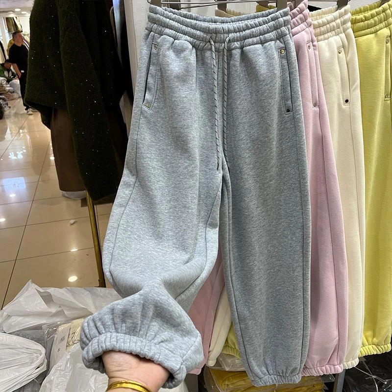 加绒加厚束脚卫裤女2025冬季新款松紧腰抽绳百搭宽松九分休闲裤子