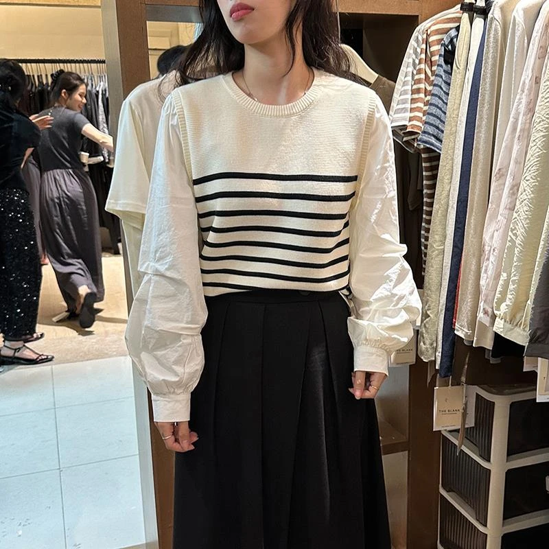 十三行女装2025新款假两件针织衫女春秋学院风宽松衬衫拼接打底衫