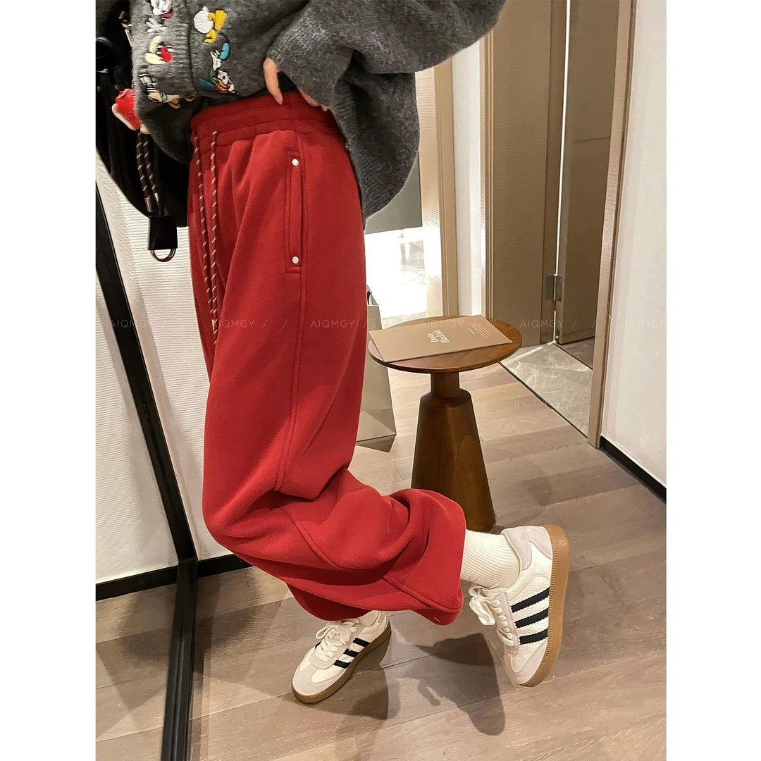 纯色抽绳五金女孩加绒加厚休闲裤女2025秋冬新款保暖慵懒风束脚裤