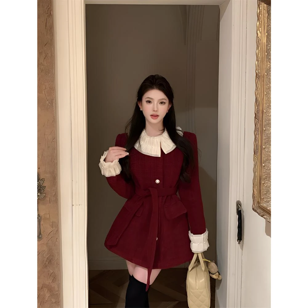 小香风外套红色春秋连衣裙洋气衣服女网红炸街女装早春穿搭一整套