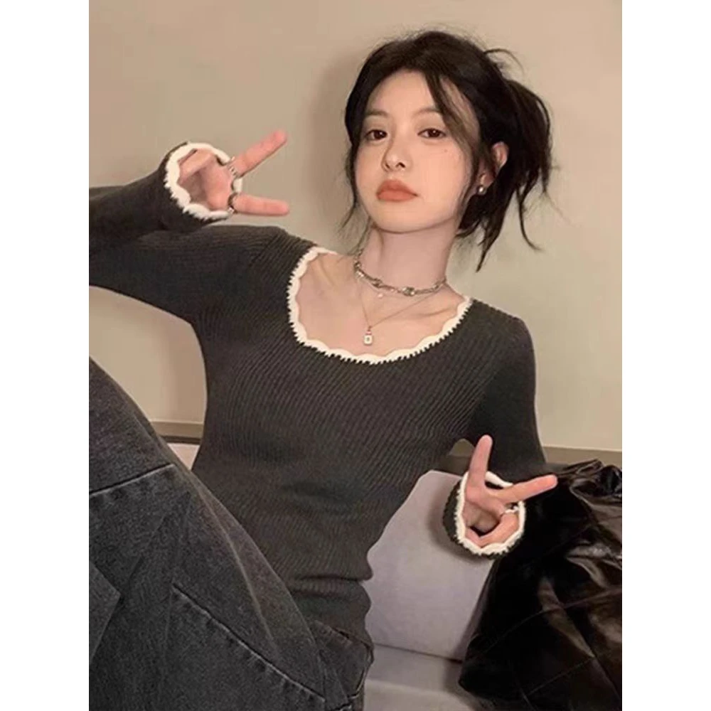 大圆领复古气质撞色打底针织衫女秋冬内搭高级感修身毛衣软糯上衣