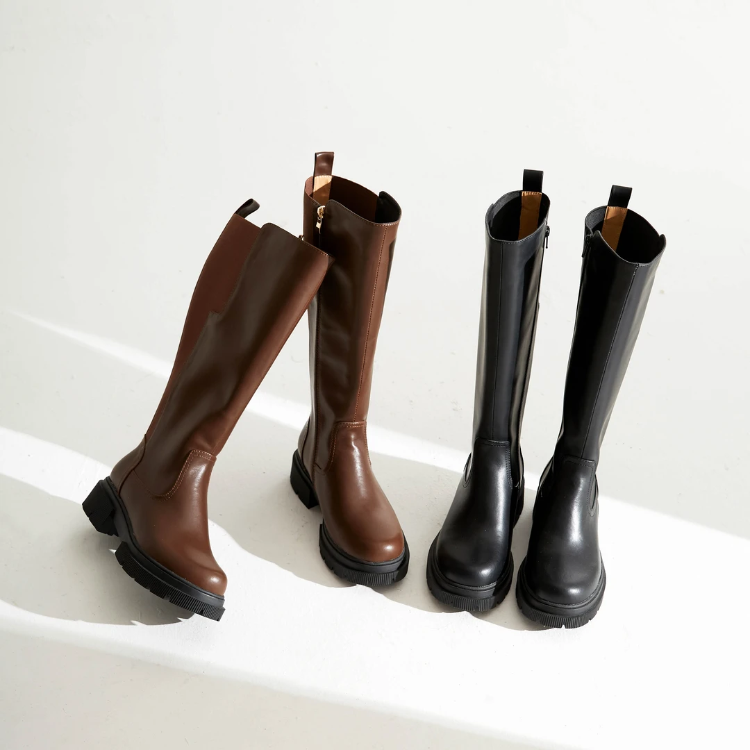 蔓琪家圆头厚底骑士靴胖mm大筒围不过膝长筒靴胖宽脚加肥侧拉链41