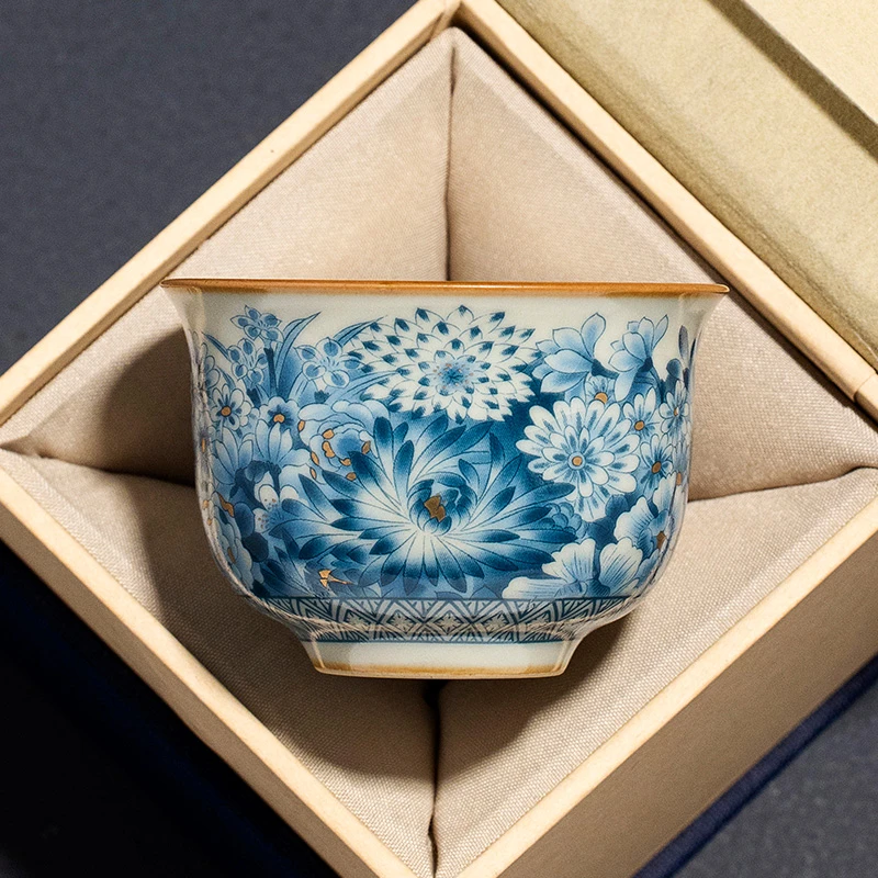 汝窑金万花茶杯个人专用主人杯功夫茶具品茗杯家用待客陶瓷喝茶杯