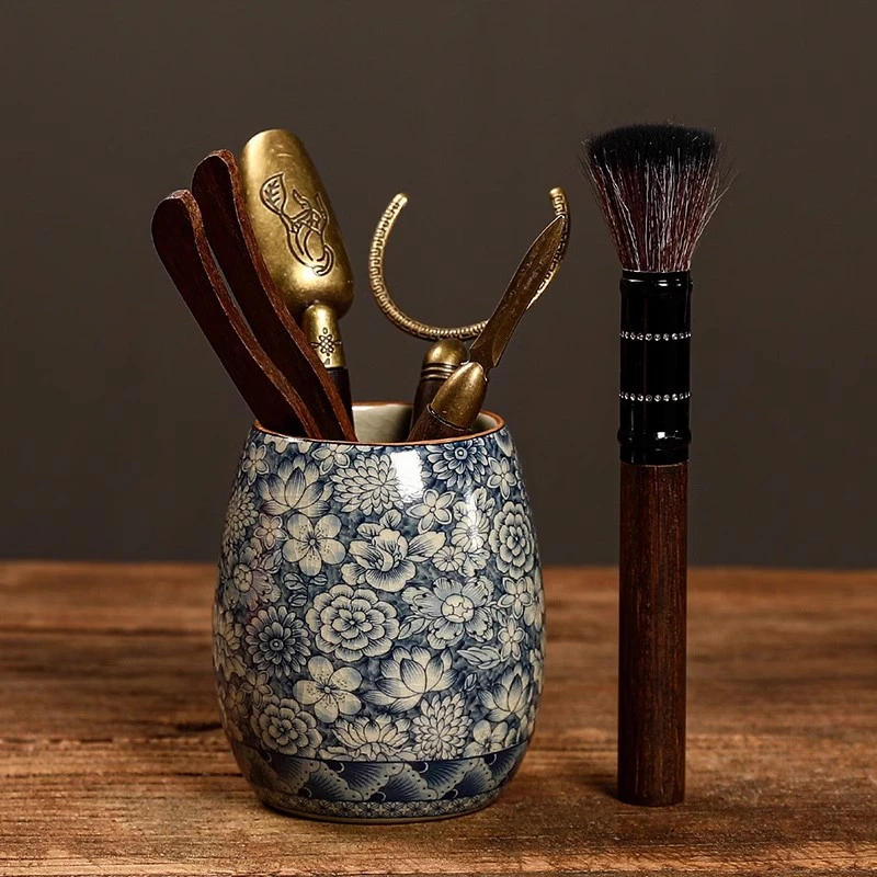 老陶泥青花茶道六君子茶配件茶具手工高档家用陶瓷中式国潮风复古