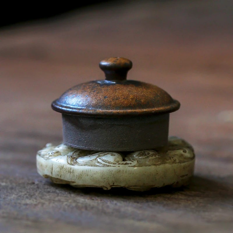 禅意玉石盖置做旧复古茶壶手工中式玉佩盖托功夫茶道配摆件