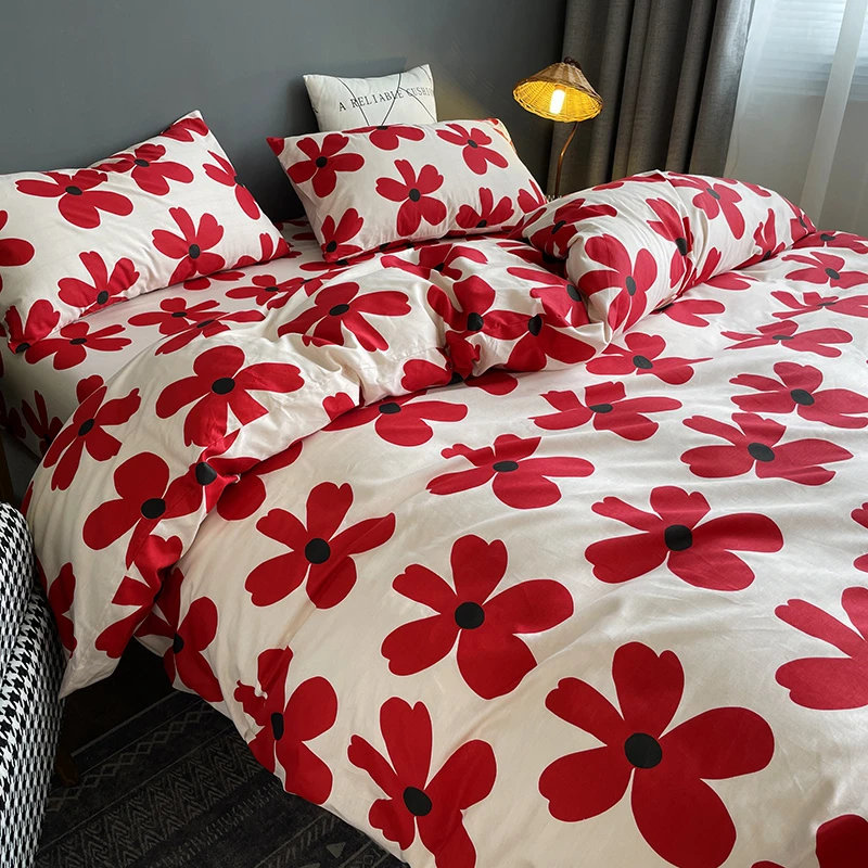 鲜艳网红全棉四件套纯棉床上床品床单北欧100被套1.8m床笠三4件套