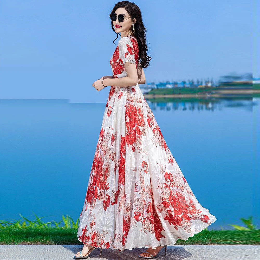 印花雪纺连衣裙女 2024夏季新款高级感法式及踝长款裙子高个子长