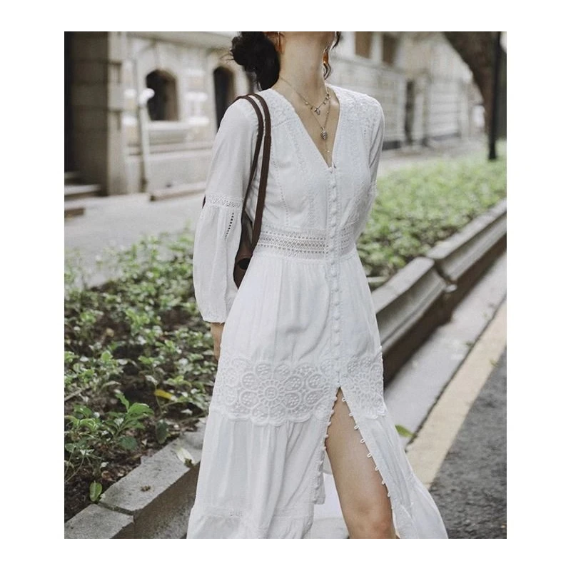 2024春秋季新款法式甜美温柔过膝长款爆款初恋裙惊艳蕾丝连衣裙女