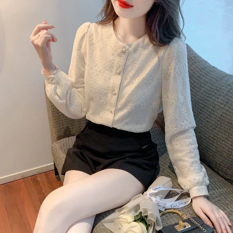 衬衫女2024春装新款百搭蕾丝洋气时尚小衫显瘦气质减龄遮肚上衣女