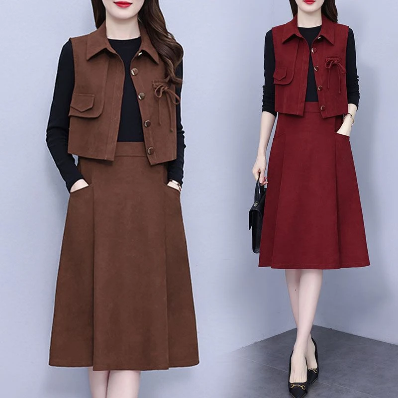 秋冬新款胖MM洋气马甲打底连衣裙两件套大码女装宽松遮肚裙子套装