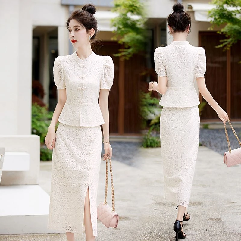 2024年中长款过膝中改良两件套连衣裙夏季新款大码套装裙子